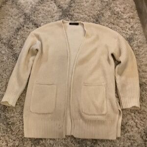 Merokeety Cream Waffle Knit Open Front Cardigan XL Long Sleeve Pockets Slit Hem